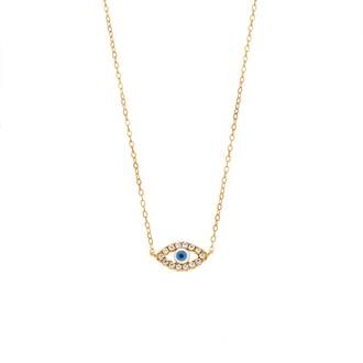 Κολιέ Senza Silver 925 Gold Plated, Ματάκι λευκό με σμάλτο και λευκά ζιργκόν