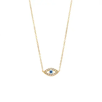 Κολιέ Senza Silver 925 Gold Plated, Ματάκι λευκό με σμάλτο και λευκά ζιργκόν