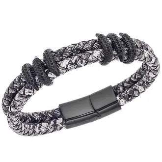 Βραχιόλι Senza Men&#039;s Steel Black&amp;White Leather Strap