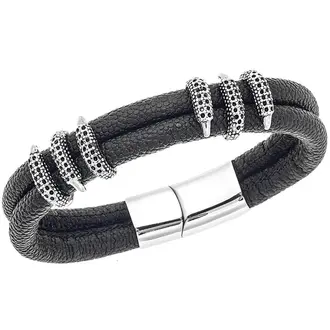 Βραχιόλι Senza Men&#039;s Steel Black Leather Strap