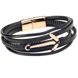 Βραχιόλι Senza Men&#039;s Steel Black Leather Strap Με Χρυσή Άγκυρα