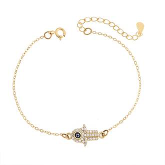 Βραχιόλι Senza Silver 925, επιχρυσωμένο Hamsa με ζιργκόν πέτρες