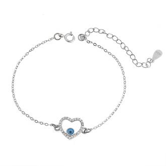 Βραχιόλι Senza Silver 925, επιπλατινωμένη καρδιά-ματάκι με ζιργκόν πέτρες