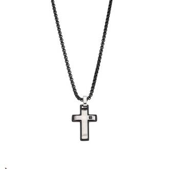 Κολιέ Senza Men&#039;s Steel, Δίχρωμος Σταυρός από Ατσάλι με μαύρη καδένα