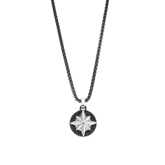 Κολιέ Senza Men&#039;s Steel, Δίχρωμη Πυξίδα από Ατσάλι με μαύρη καδένα