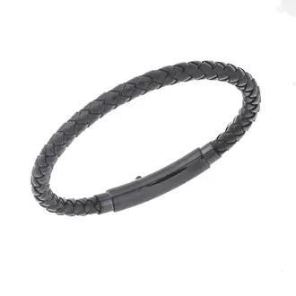 Βραχιόλι Senza Men&#039;s Steel Black Leather Strap