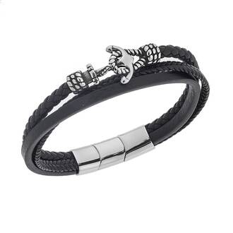 Βραχιόλι Senza Men&#039;s Steel Black Leather Strap, τριπλό δέρμα με άγκυρα
