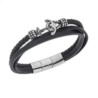 Βραχιόλι Senza Men&#039;s Steel Black Leather Strap, τριπλό δέρμα με άγκυρα