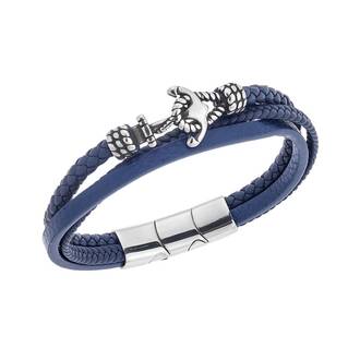 Βραχιόλι Senza Men&#039;s Steel Blue Leather Strap, τριπλό δέρμα με άγκυρα