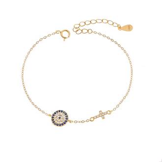 Βραχιόλι Senza Silver 925 Gold Plated, Μάτι-στόχος και σταυρός με ζιργκόν
