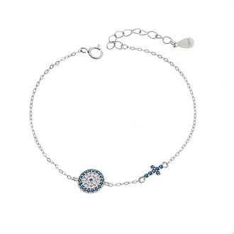 Βραχιόλι Senza Silver 925, Μάτι-στόχος και σταυρός με τυρκουάζ ζιργκόν