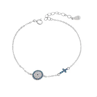 Βραχιόλι Senza Silver 925, Μάτι-στόχος και σταυρός με τυρκουάζ ζιργκόν