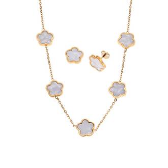 Σετ Γυναικείο Senza Gold Plated Stainless Steel, Κολιέ και σκουλαρίκια με λευκές μαργαρίτες