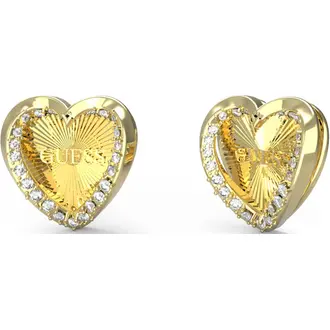 GUESS STEEL Mon Amour Χρυσά Σκουλαρίκια Καρδιές Με Ζιργκόν JUBE04609JWYGT-U