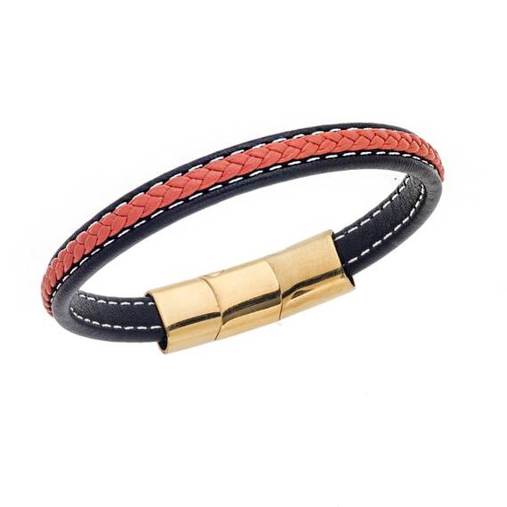 Βραχιόλι Senza Men&#039;s Steel Black &amp; Orange Leather Strap