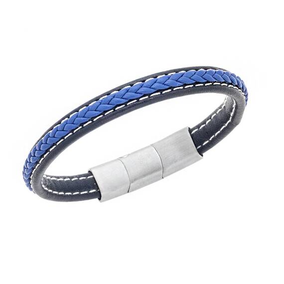 Βραχιόλι Senza Men&#039;s Steel Black &amp; Blue Leather Strap