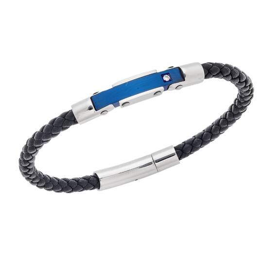 Βραχιόλι Senza Men&#039;s Silver&amp;Blue Stainless Steel With Black Leather