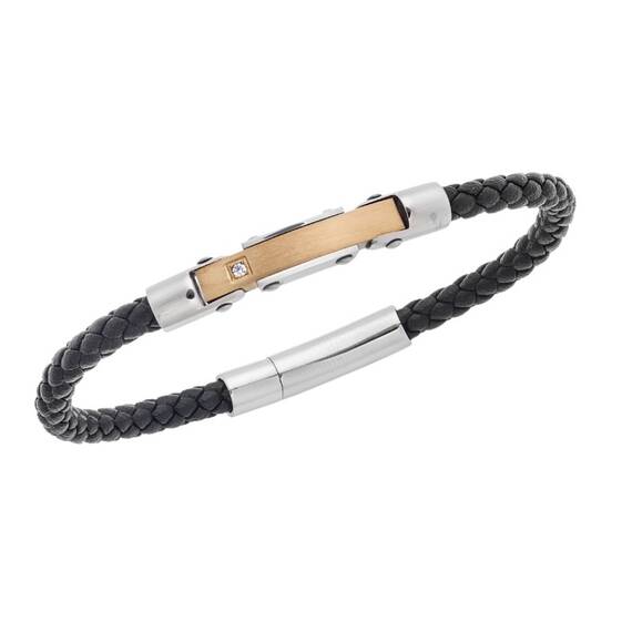 Βραχιόλι Senza Men&#039;s Silver&amp;Gold Stainless Steel With Black Leather