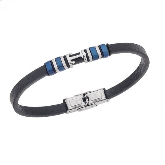 Βραχιόλι Senza Men&#039;s Steel, Black Leather Strap With Silver Anchor