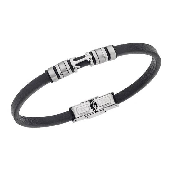 Βραχιόλι Senza Men&#039;s Steel, Black Leather Strap With Silver Anchor