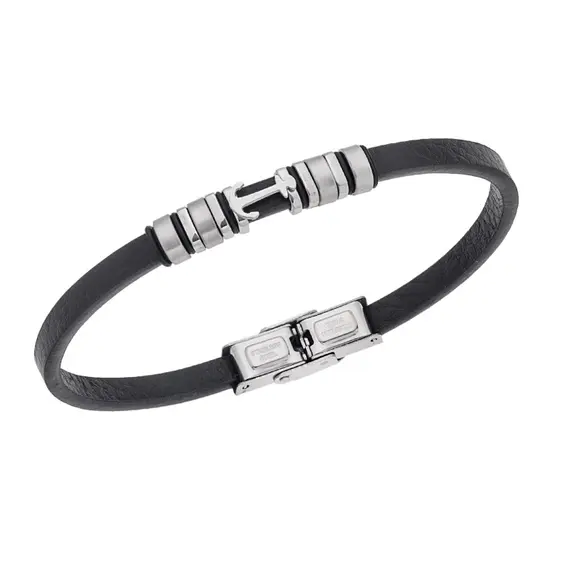 Βραχιόλι Senza Men&#039;s Steel, Black Leather Strap With Silver Anchor