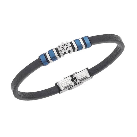 Βραχιόλι Senza Men&#039;s Steel, Black Leather Strap