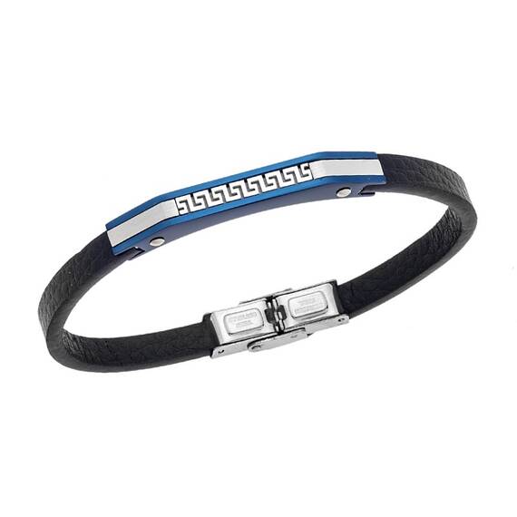 Βραχιόλι Senza Men&#039;s Steel Black Leather Strap, με Μαίανδρο