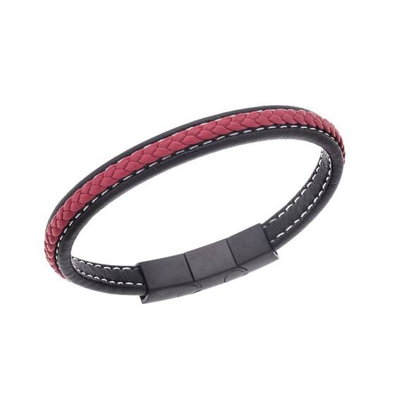 Βραχιόλι Senza Men&#039;s Steel Black &amp; Red Leather Strap