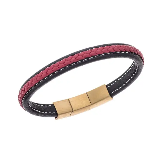 Βραχιόλι Senza Men&#039;s Steel Black &amp; Red Leather Strap