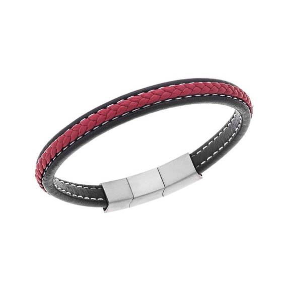 Βραχιόλι Senza Men&#039;s Steel Black &amp; Red Leather Strap