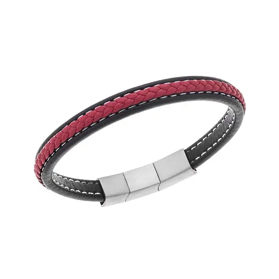Βραχιόλι Senza Men&#039;s Steel Black &amp; Red Leather Strap