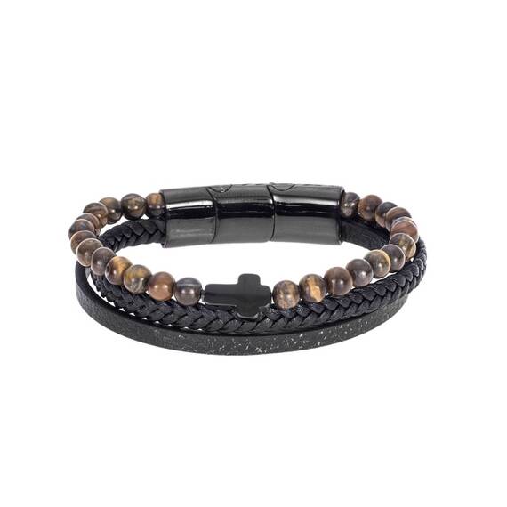 Βραχιόλι Senza Men&#039;s Steel Black Leather Strap with Cross