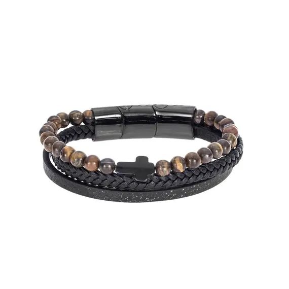 Βραχιόλι Senza Men&#039;s Steel Black Leather Strap with Cross