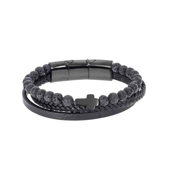 Βραχιόλι Senza Men&#039;s Steel Black Leather Strap with Black Cross