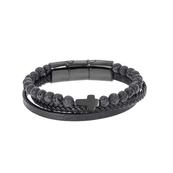 Βραχιόλι Senza Men&#039;s Steel Black Leather Strap with Black Cross