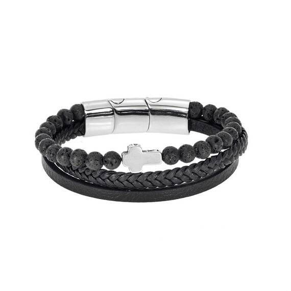 Βραχιόλι Senza Men&#039;s Steel Black Leather Strap with Silver Cross