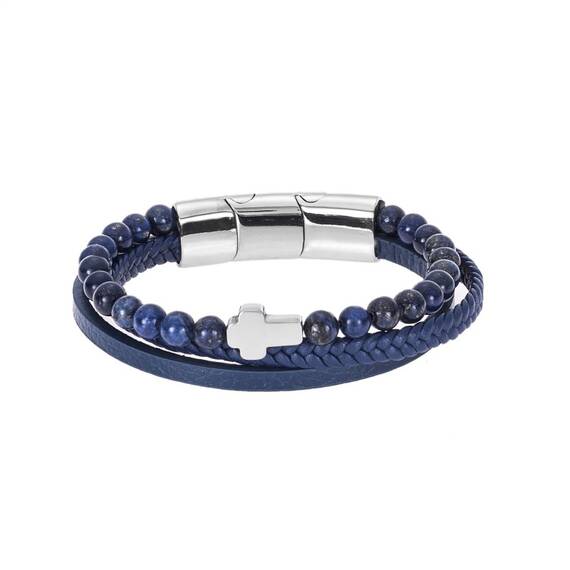 Βραχιόλι Senza Men&#039;s Steel Blue Leather Strap with Cross