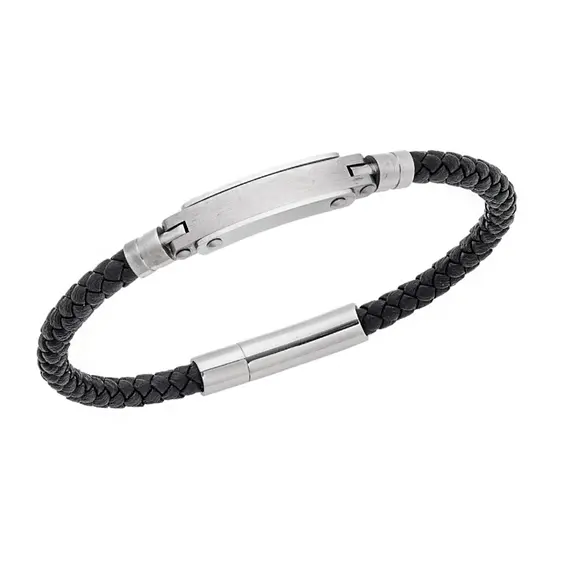 Βραχιόλι Senza Men&#039;s Silver Stainless Steel With Black Leather