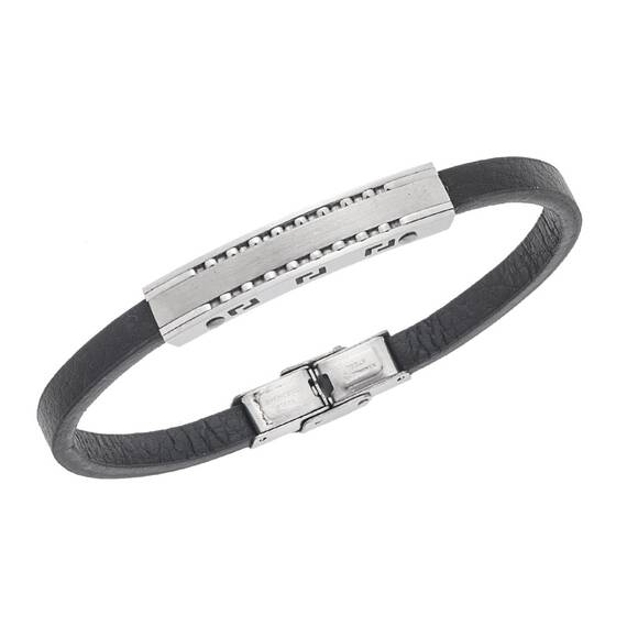 Βραχιόλι Senza Men&#039;s Silver Stainless Steel With Black Leather