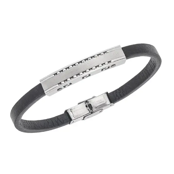 Βραχιόλι Senza Men&#039;s Silver Stainless Steel With Black Leather