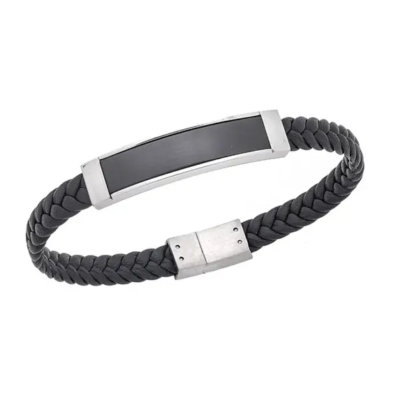 Βραχιόλι Senza Men&#039;s Silver Stainless Steel With Black Leather