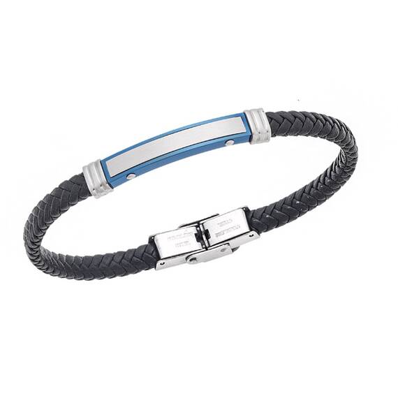 Βραχιόλι Senza Men&#039;s Silver&amp;Blue Stainless Steel With Black Leather