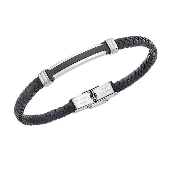 Βραχιόλι Senza Men&#039;s Silver&amp;Black Stainless Steel With Black Leather