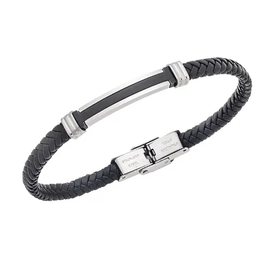 Βραχιόλι Senza Men&#039;s Silver&amp;Black Stainless Steel With Black Leather