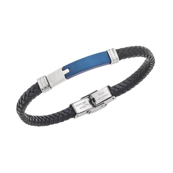 Βραχιόλι Senza Men&#039;s Silver&amp;Blue Stainless Steel With Black Leather