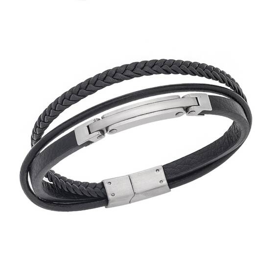 Βραχιόλι Senza Men&#039;s Silver Stainless Steel With Black Leather
