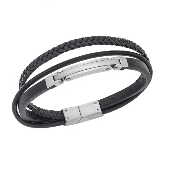 Βραχιόλι Senza Men&#039;s Silver Stainless Steel With Black Leather