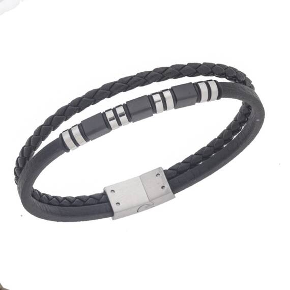 Βραχιόλι Senza Men&#039;s Silver&amp;Black Stainless Steel With Black Leather