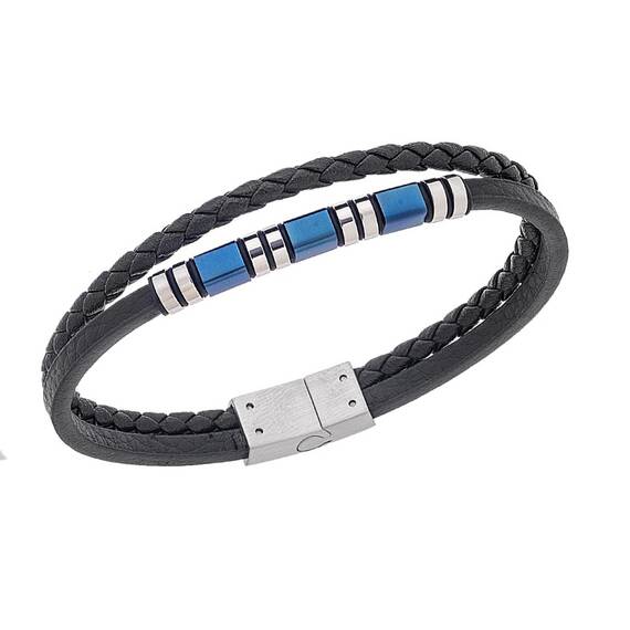 Βραχιόλι Senza Men&#039;s Silver&amp;Blue Stainless Steel With Black Leather