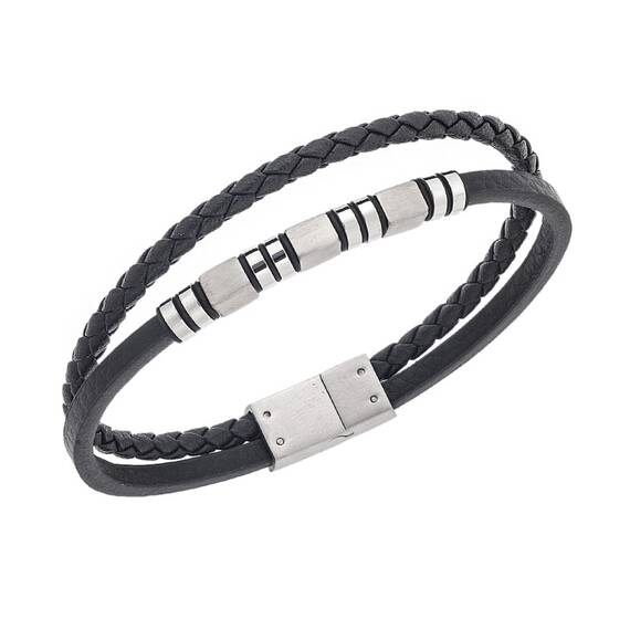 Βραχιόλι Senza Men&#039;s Silver Stainless Steel With Black Leather